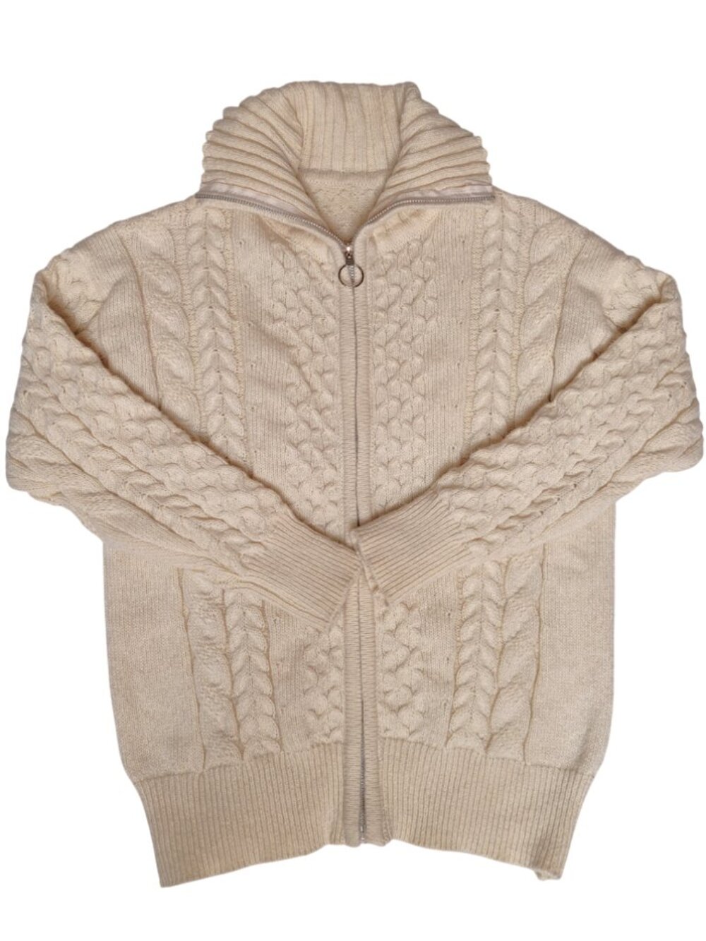 Vtg Cream Full-Zip Classic Cable-Knit Cardigan Unisex Style Women's Medium